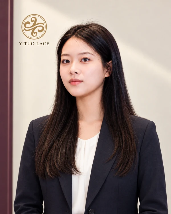 Alina in a dark blazer and ivory blouse against a digitally composed YiTuo Lace brand backdrop.