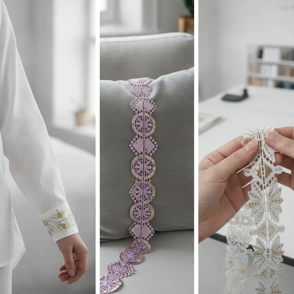 Decorative Embroidered Sequin Lace Trim for Garment Embellishment and Crafts — detail view 2