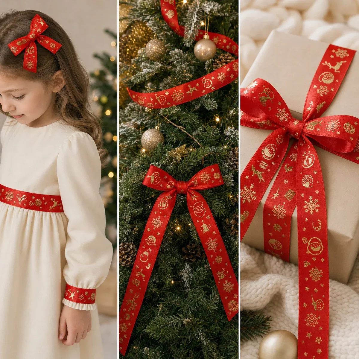 Cinta festiva estampada con lámina dorada para envolver regalos navideños — vista de detalle 3 Cinta festiva estampada con lámina dorada para envolver regalos navideños — vista de detalle 3