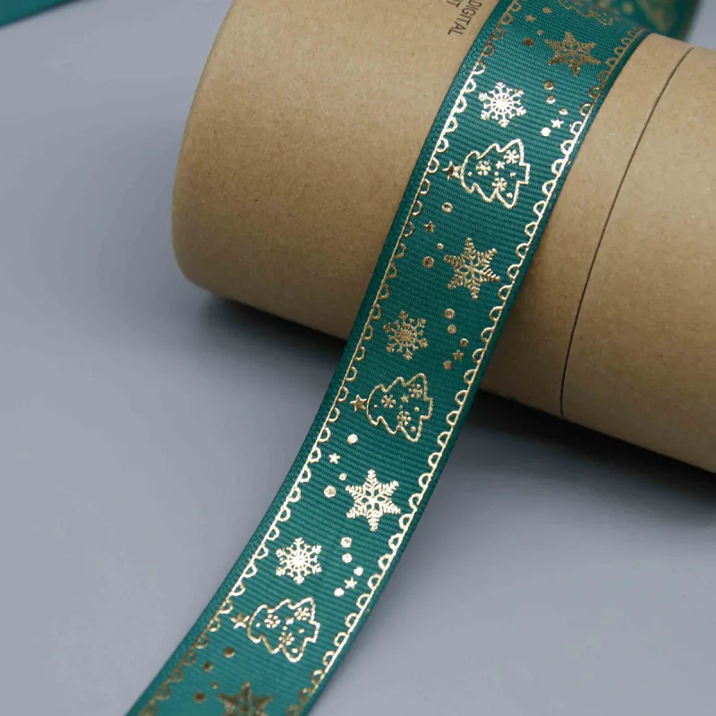 Cinta de grosgrain festiva con estampado metálico para manualidades navideñas, vista de detalle del producto 4