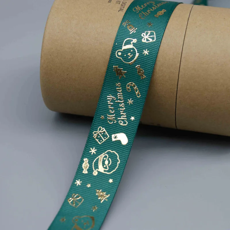 Cinta de grosgrain festiva con estampado metálico para manualidades navideñas, vista de detalle del producto 5