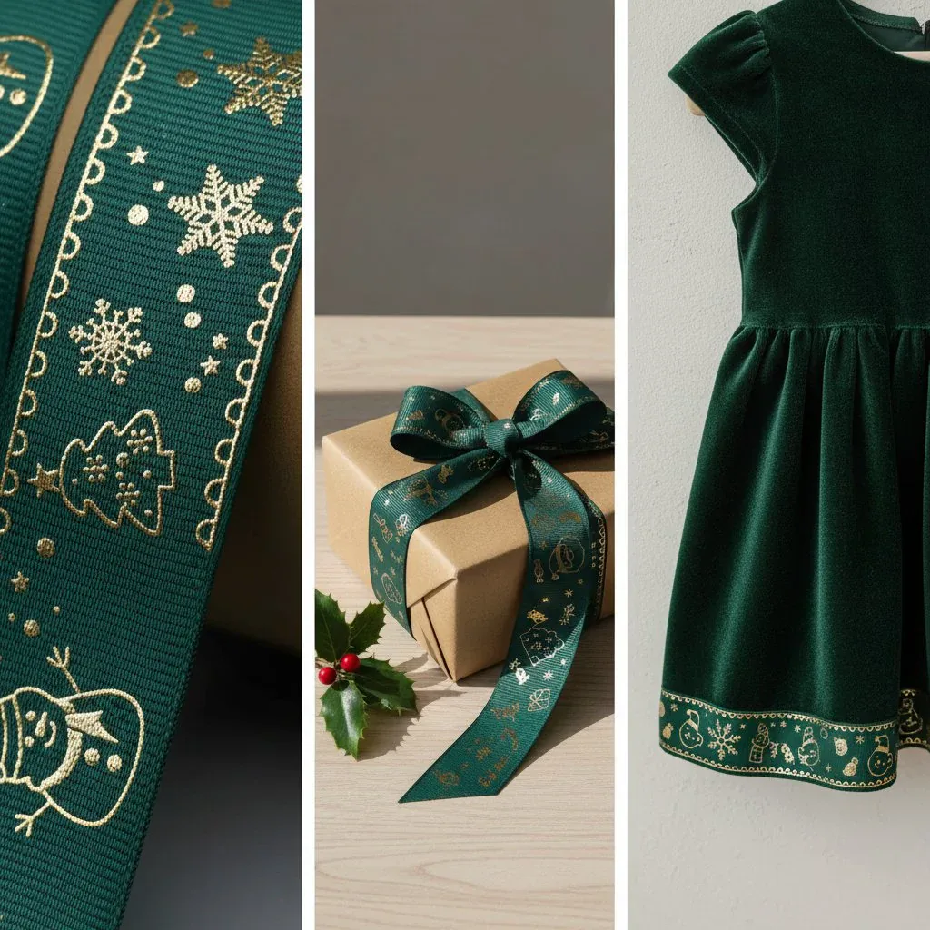 Cinta de grosgrain festiva con estampado metálico para manualidades navideñas — vista de detalle 3 Cinta de grosgrain festiva con estampado metálico para manualidades navideñas — vista de detalle 3
