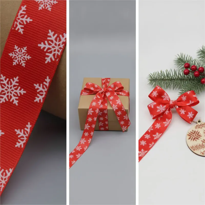 Cinta de grosgrain estampada con copos de nieve para envolver regalos, vista de detalle del producto 5