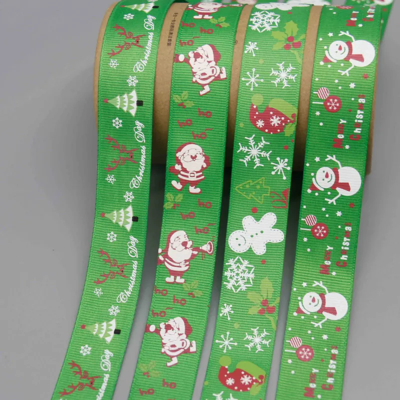 Cinta de grosgrain estampada con Papá Noel, muñeco de nieve y reno para envolver regalos, vista de detalle del producto 6
