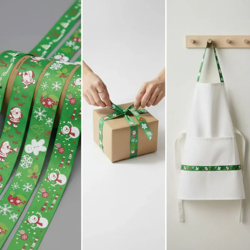 Cinta de grosgrain estampada con Papá Noel, muñeco de nieve y reno para envolver regalos, vista de detalle del producto 9