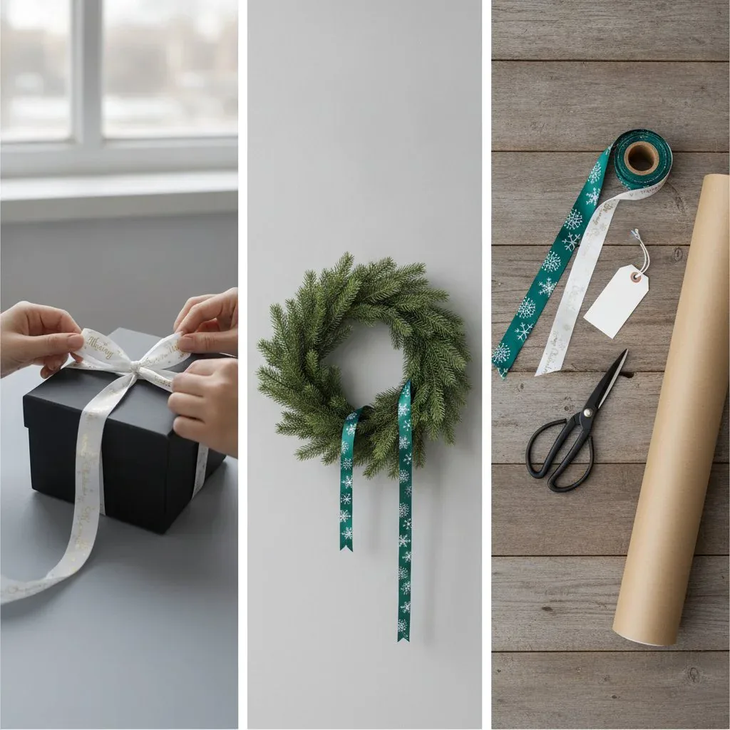 Cinta navideña estampada con copos de nieve y letras para envolver regalos — vista de detalle 3