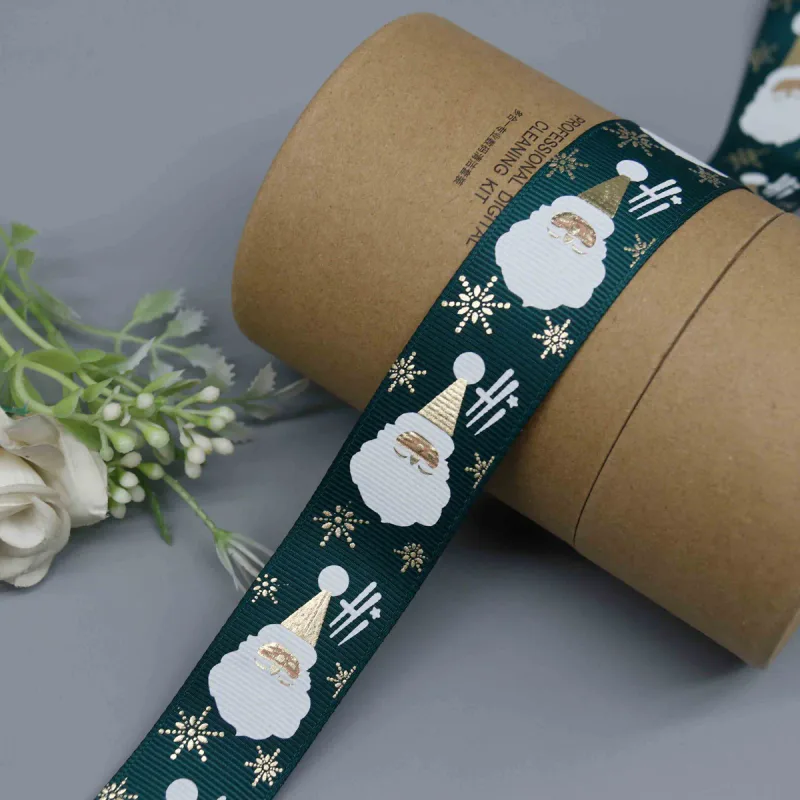Cinta de grosgrain navideña con Papá Noel y lámina dorada para envolver regalos, vista de detalle del producto 3