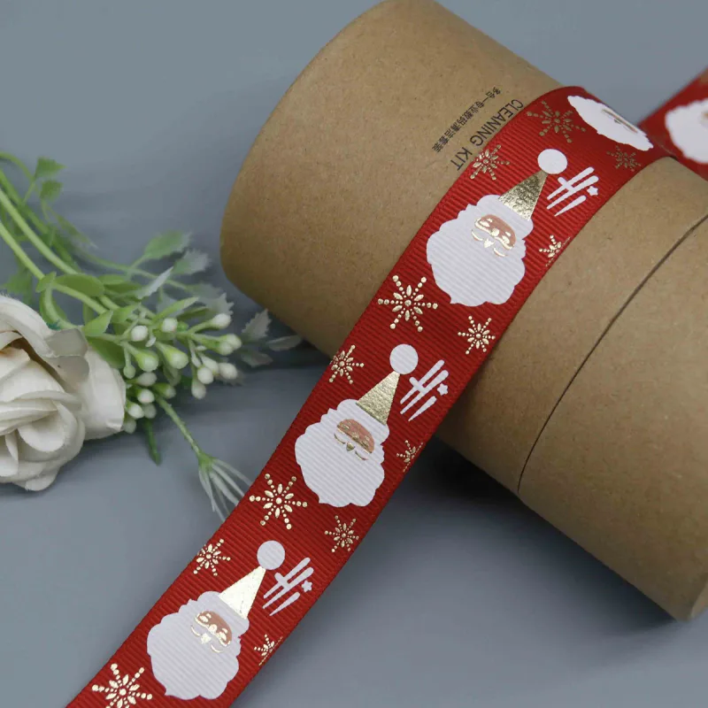 Cinta de grosgrain navideña con Papá Noel y lámina dorada para envolver regalos, vista de detalle del producto 4