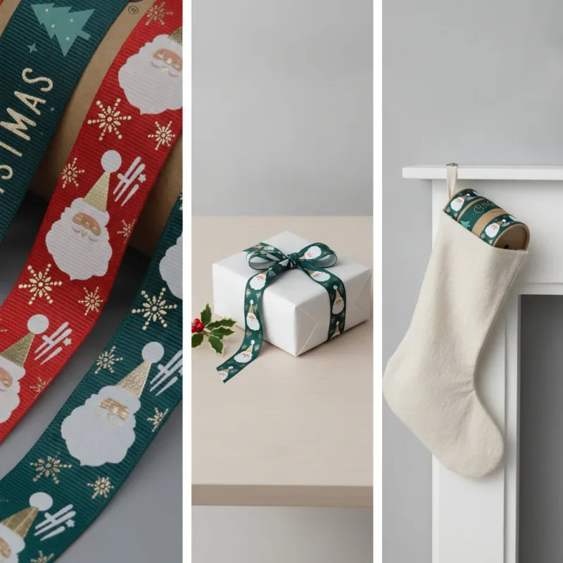 Cinta de grosgrain navideña con Papá Noel y lámina dorada para envolver regalos, vista de detalle del producto 7
