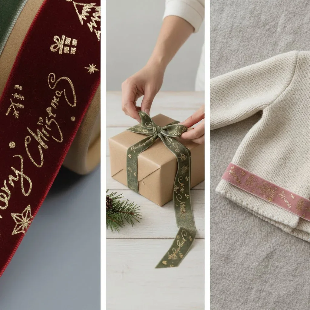 Weihnachtliches Samtband direkt ab Werk für festliche Geschenkverpackungen und Bastelarbeiten — Detailansicht 2 Weihnachtliches Samtband direkt ab Werk für festliche Geschenkverpackungen und Bastelarbeiten — Detailansicht 2