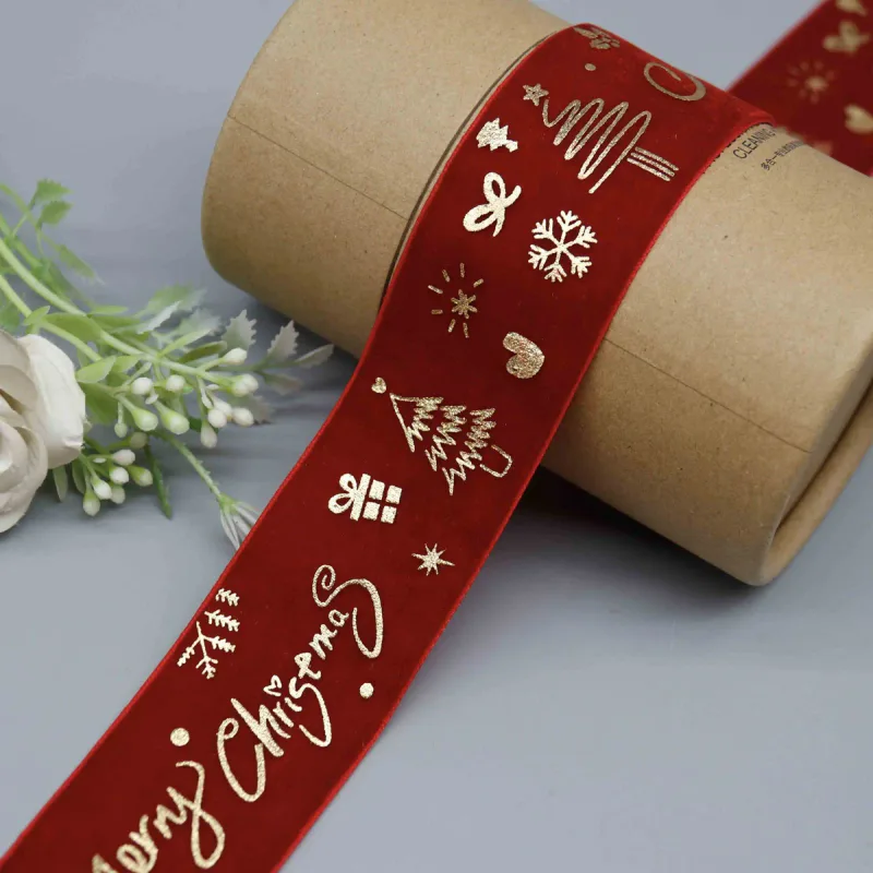 Cinta de terciopelo navideña con lámina dorada, directa de fábrica, para envolver regalos y decorar, vista de detalle del producto 3