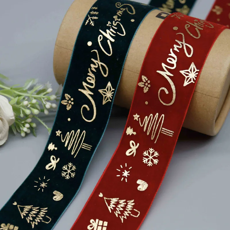 Cinta de terciopelo navideña con lámina dorada, directa de fábrica, para envolver regalos y decorar, vista de detalle del producto 4