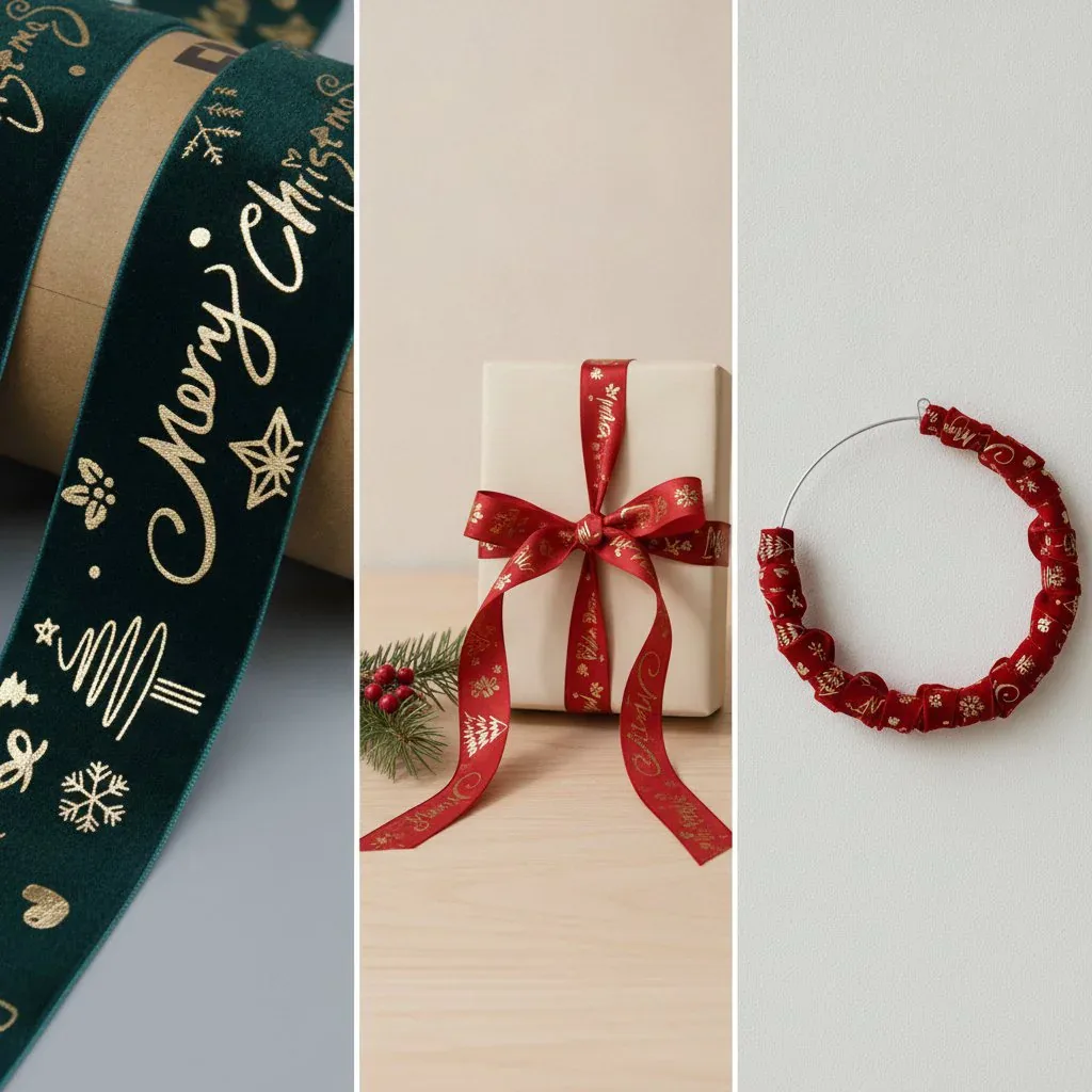 Cinta de terciopelo navideña con lámina dorada, directa de fábrica, para envolver regalos y decorar — vista de detalle 2 Cinta de terciopelo navideña con lámina dorada, directa de fábrica, para envolver regalos y decorar — vista de detalle 2