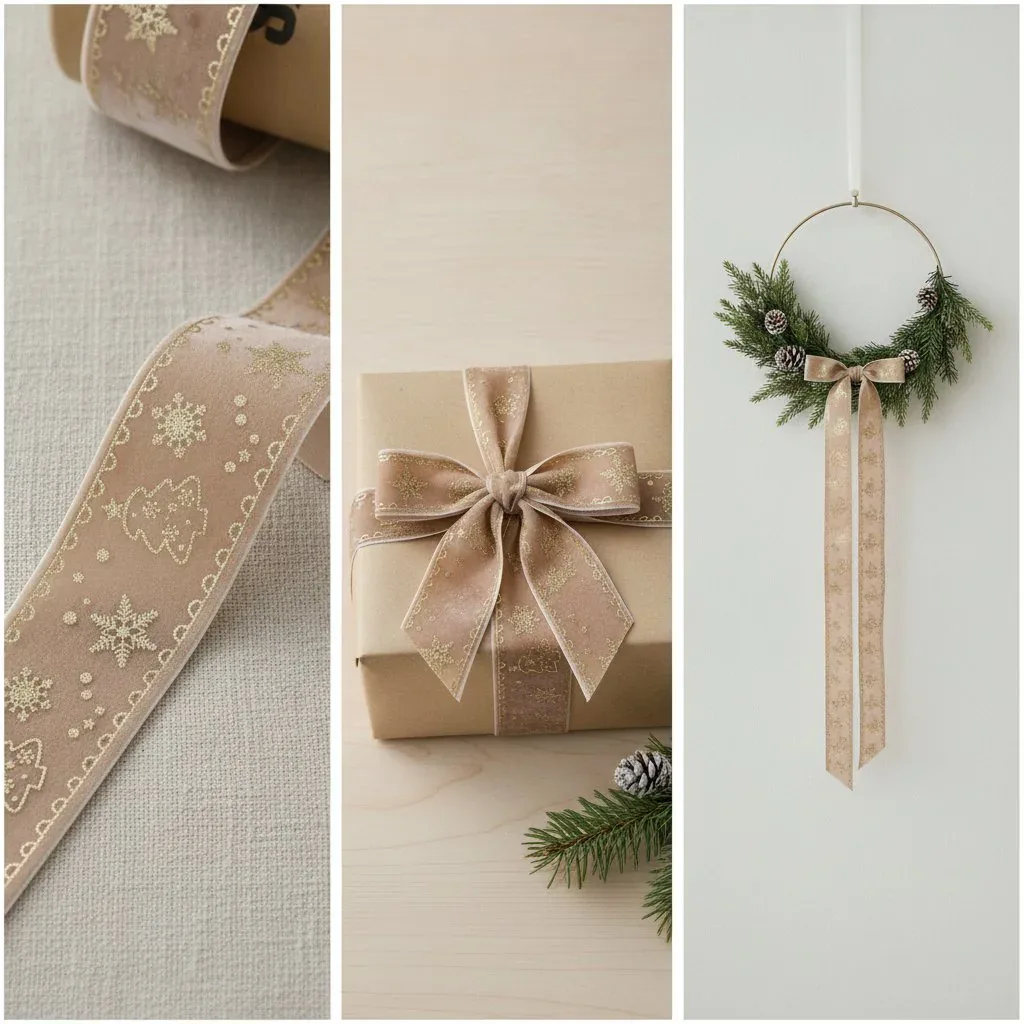 Cinta de terciopelo con motivos navideños de copos de nieve y árboles para envolver regalos — vista de detalle 2 Cinta de terciopelo con motivos navideños de copos de nieve y árboles para envolver regalos — vista de detalle 2