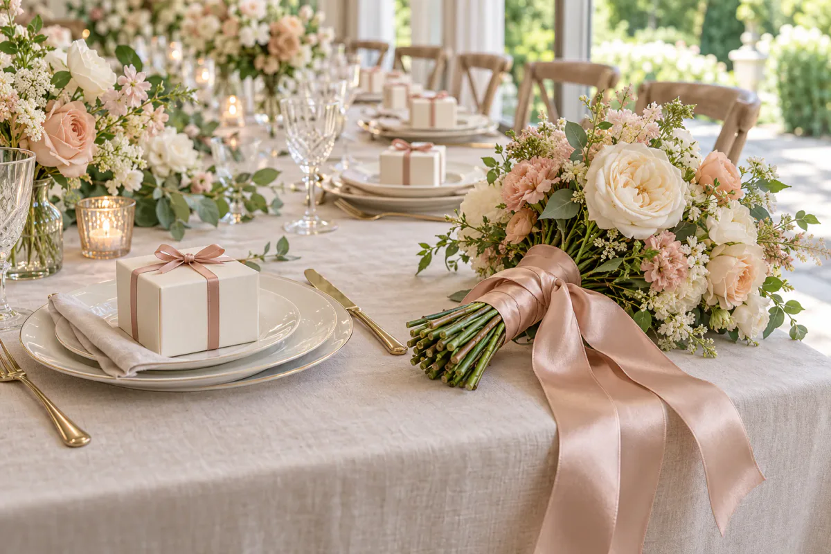 Mesa de boda con pequeños regalos atados con cinta y un ramo con extremos de cinta más anchos y fluidos
