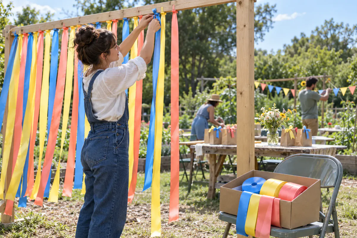 Bandes de satin bleues, jaunes et corail, bobines et sacs cadeaux lors des préparatifs d'un événement dans un jardin partagé Bandes de satin bleues, jaunes et corail, bobines et sacs cadeaux lors des préparatifs d'un événement dans un jardin partagé