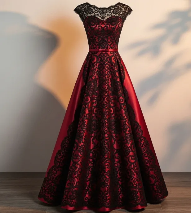 Rotes Abendkleid mit schwarzer floraler Spitzenauflage Rotes Abendkleid mit schwarzer floraler Spitzenauflage