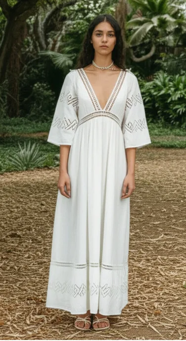 Locker fallendes weißes Kleid mit weiten Ärmeln und dekorativen durchbrochenen Einsätzen Locker fallendes weißes Kleid mit weiten Ärmeln und dekorativen durchbrochenen Einsätzen