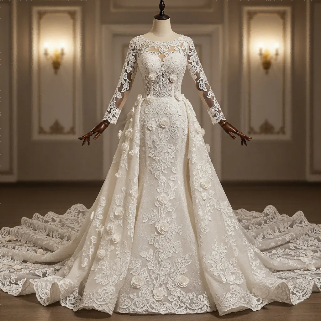 Langärmliges Brautkleid mit floraler Spitze und breiter Schleppe mit Bogenkante Langärmliges Brautkleid mit floraler Spitze und breiter Schleppe mit Bogenkante