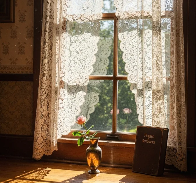 Vorhänge aus floraler Spitze an einem sonnigen Holzfenster Vorhänge aus floraler Spitze an einem sonnigen Holzfenster