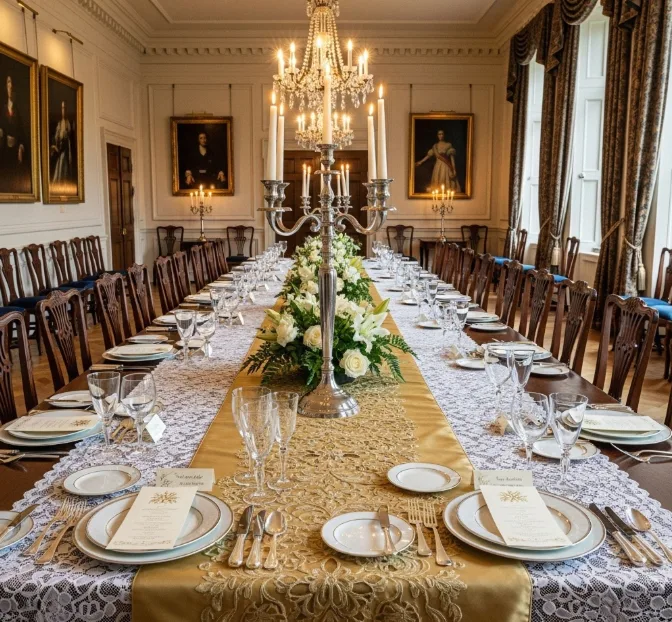 Lange gedeckte Tafel mit Spitzentischwäsche, Tellern und einem Kerzenleuchter Lange gedeckte Tafel mit Spitzentischwäsche, Tellern und einem Kerzenleuchter