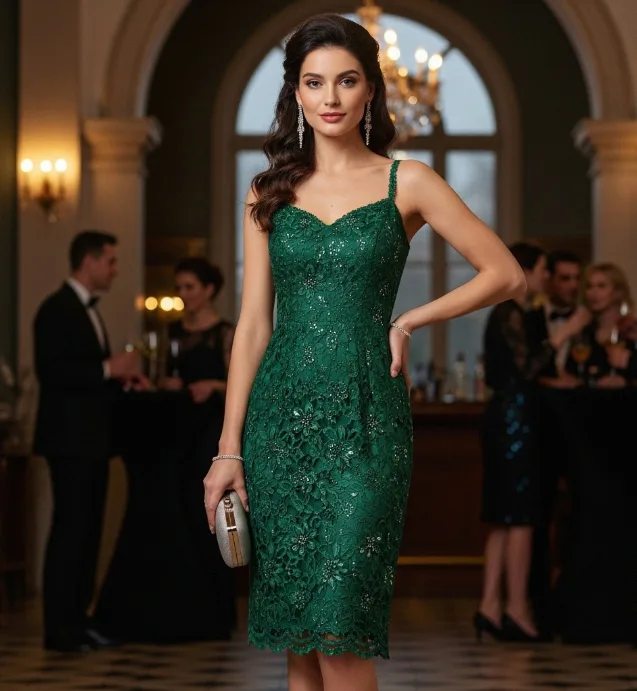 Figurbetontes grünes Spitzen-Cocktailkleid mit Bogenkante am Ausschnitt Figurbetontes grünes Spitzen-Cocktailkleid mit Bogenkante am Ausschnitt