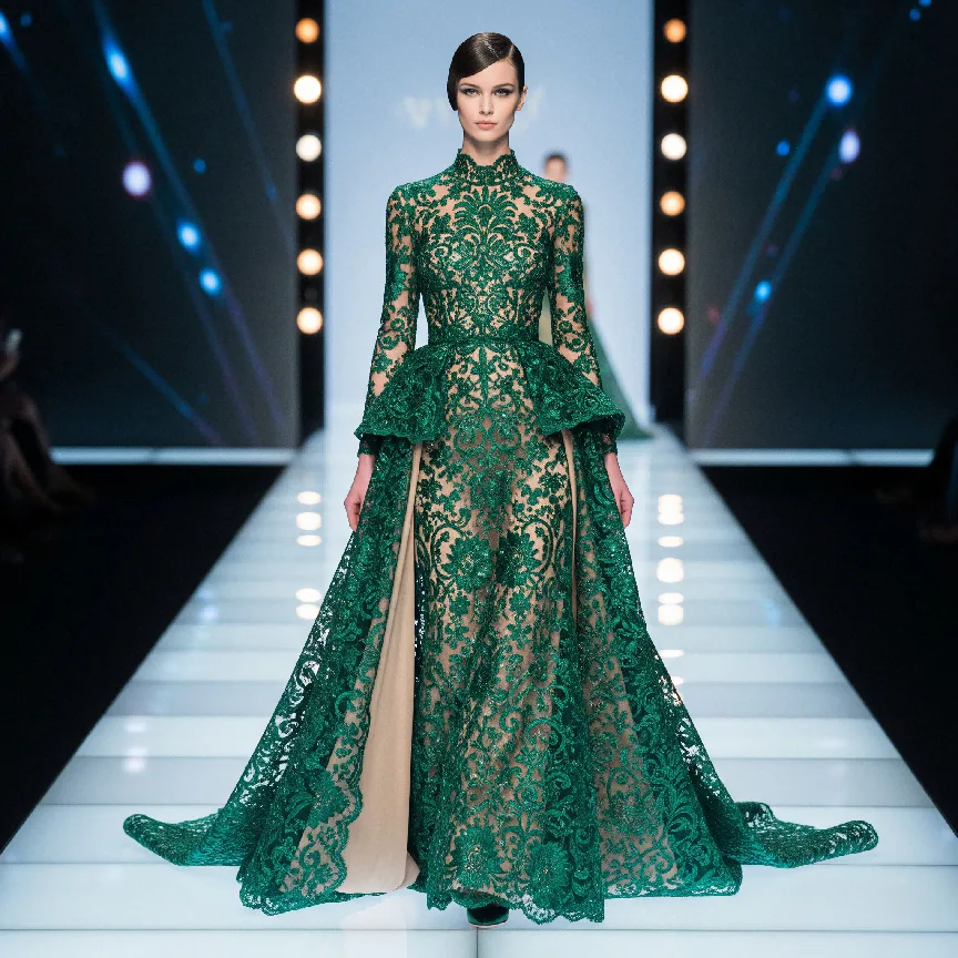 Bodenlanges grünes Spitzenkleid mit langen Ärmeln und fließender Schleppe Bodenlanges grünes Spitzenkleid mit langen Ärmeln und fließender Schleppe
