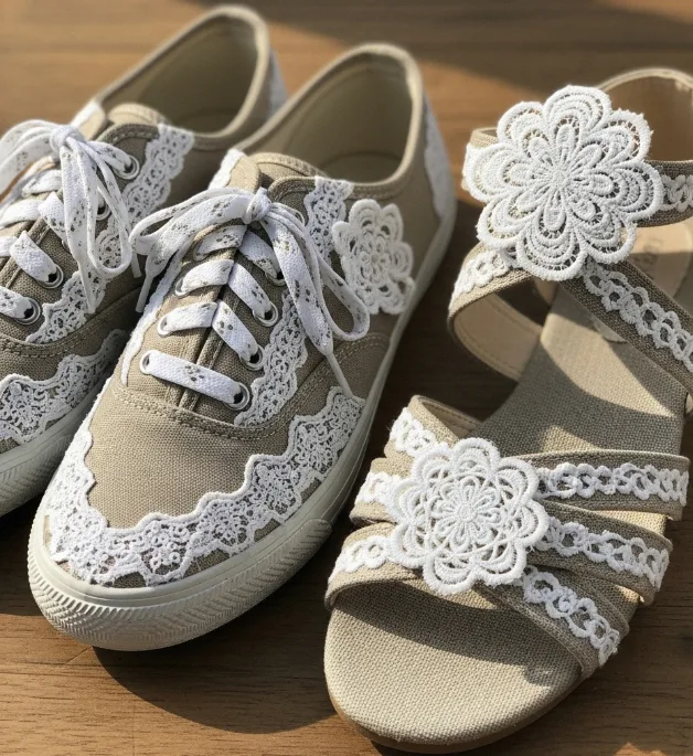 Canvas-Sneaker und Sandalen mit weißem Spitzenbesatz und Blumenapplikationen Canvas-Sneaker und Sandalen mit weißem Spitzenbesatz und Blumenapplikationen