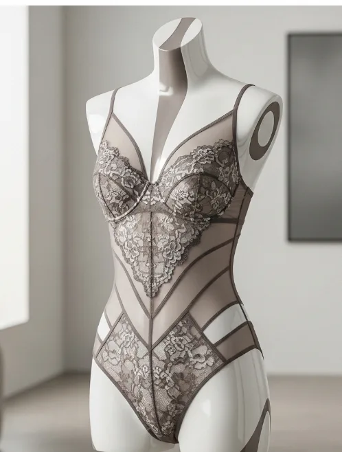 Body aus Spitze und transparentem Netz mit schmalen Trägern auf einer Schaufensterpuppe Body aus Spitze und transparentem Netz mit schmalen Trägern auf einer Schaufensterpuppe