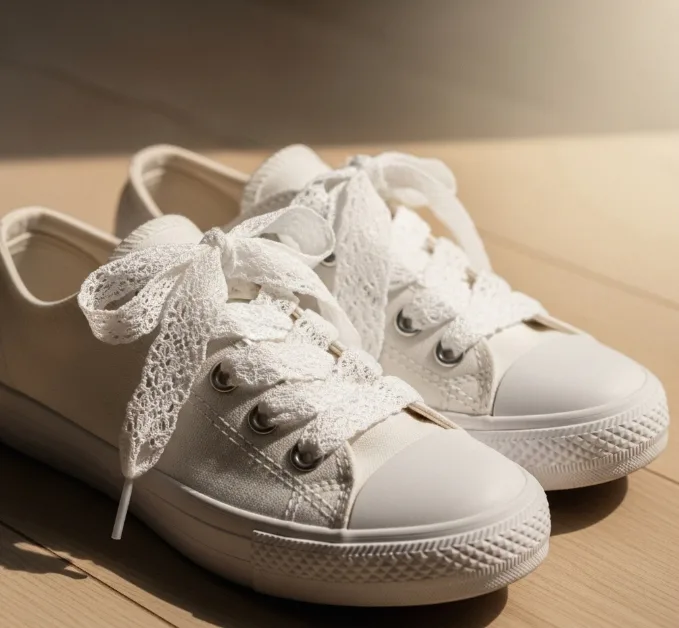 Weiße Canvas-Sneaker mit breiten Spitzenbändern als Schnürsenkel Weiße Canvas-Sneaker mit breiten Spitzenbändern als Schnürsenkel