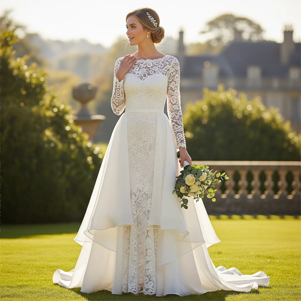 Weißes Brautkleid mit Spitzenärmeln und vorderem Spitzeneinsatz Weißes Brautkleid mit Spitzenärmeln und vorderem Spitzeneinsatz