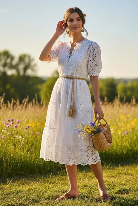 Weißes Kleid mit Lochstickerei, kurzen Ärmeln und Taillengürtel im Freien Weißes Kleid mit Lochstickerei, kurzen Ärmeln und Taillengürtel im Freien
