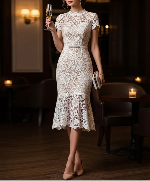 Figurbetontes weißes Spitzen-Cocktailkleid mit kurzen Ärmeln und Bogensaum Figurbetontes weißes Spitzen-Cocktailkleid mit kurzen Ärmeln und Bogensaum