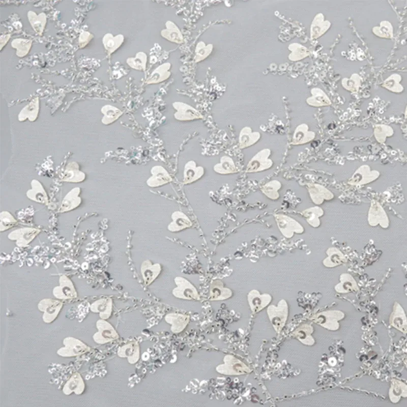 Silver Heart Leaf Sequin Mesh Fabric 10018