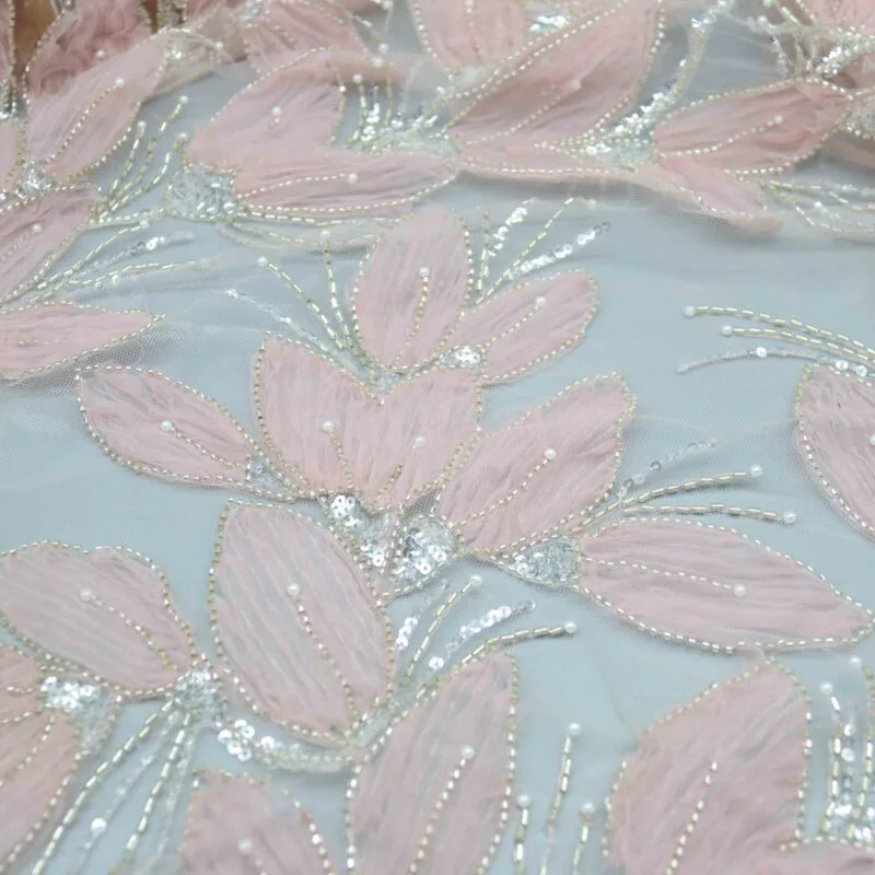 Pink Petal Beaded Mesh Fabric YT-25001