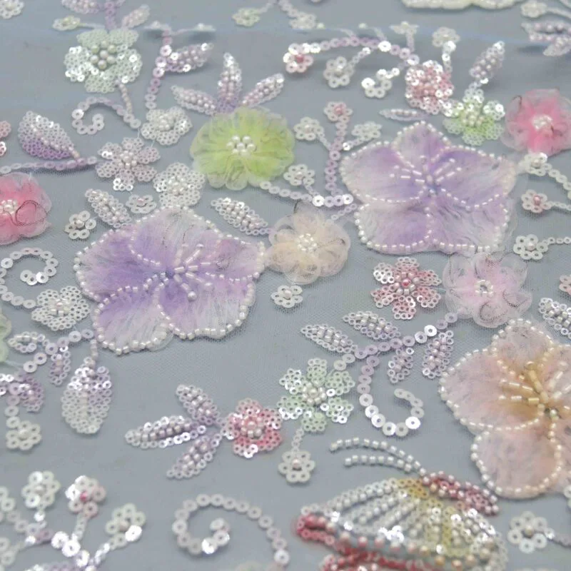 Pastel Floral Beaded Tulle Fabric YT-25004
