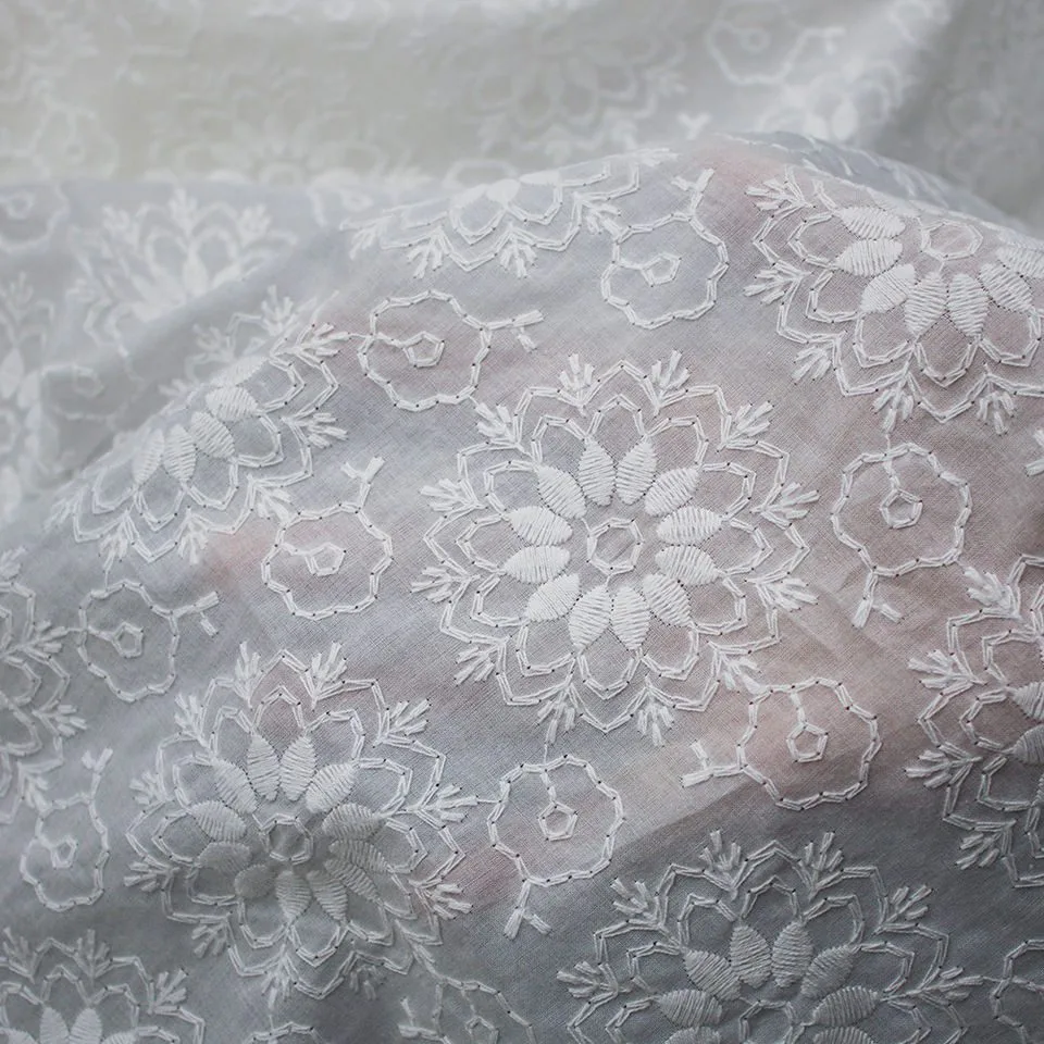 White Floral Cotton Embroidery Fabric BEL3182
