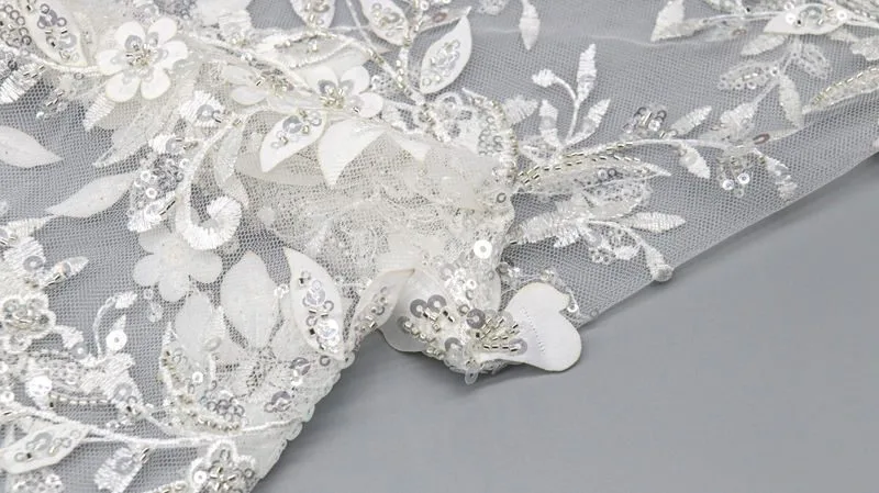 White Leaf Sequin Mesh Lace Fabric 10222 — detail 3