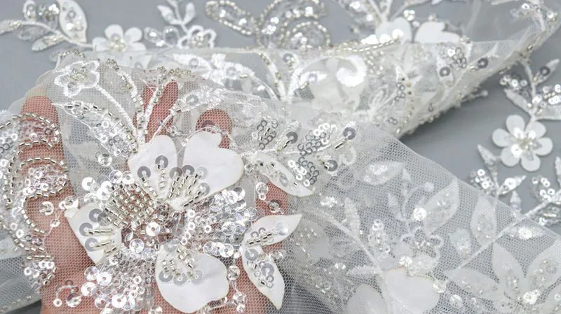White Leaf Sequin Mesh Lace Fabric 10222 — detail 5