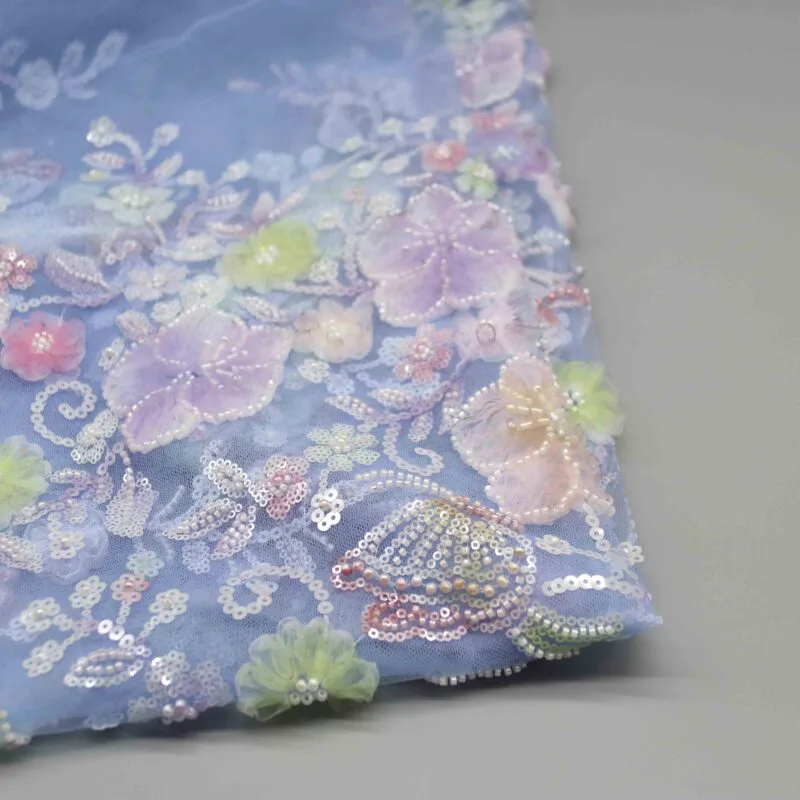 Pastel Floral Beaded Tulle Fabric YT-25004 — detail 5
