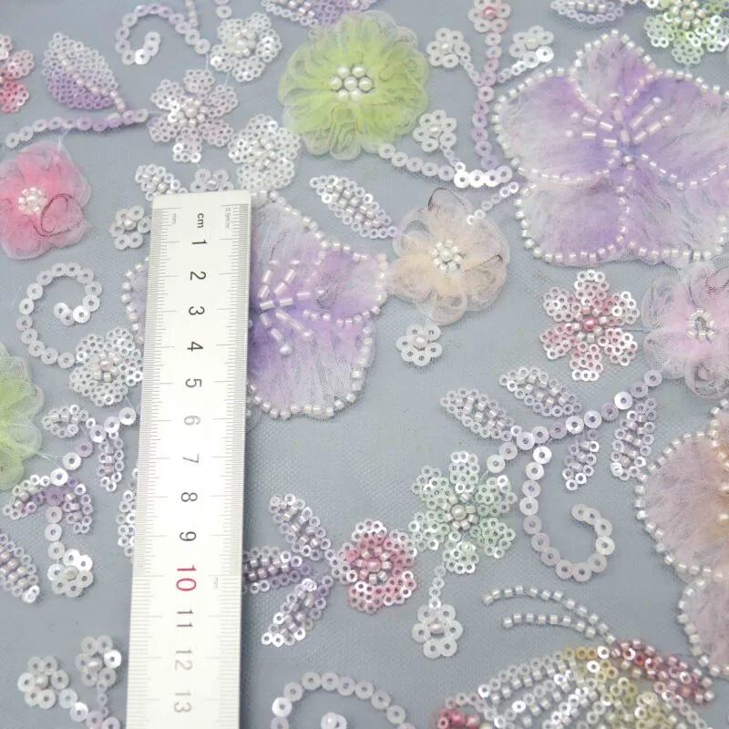 Pastel Floral Beaded Tulle Fabric YT-25004 — detail 2