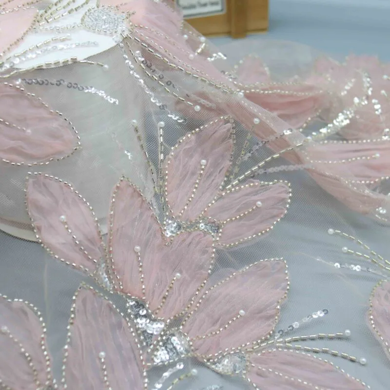 Pink Petal Beaded Mesh Fabric YT-25001 — detail 4