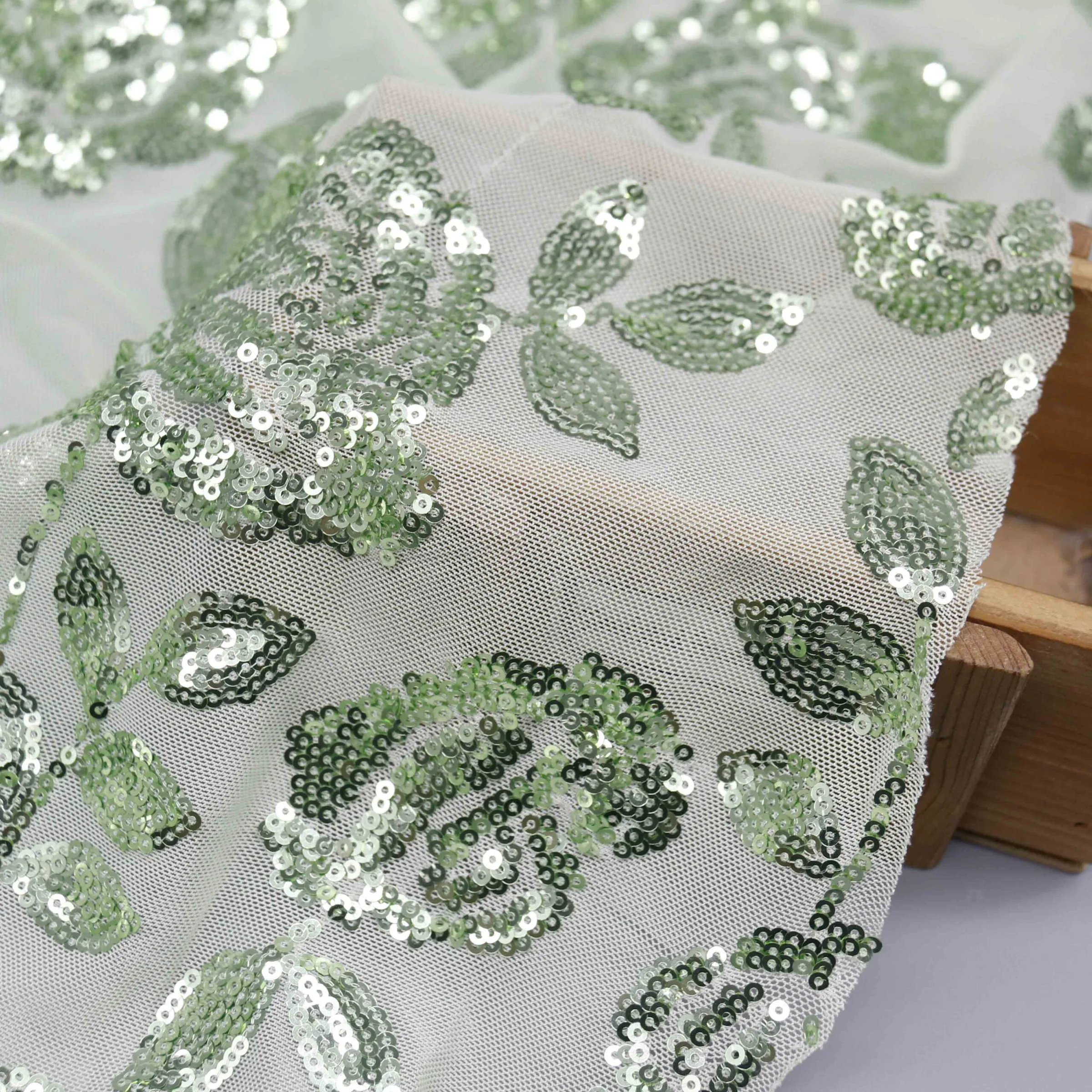 Sage Green Floral Sequin Mesh YT260606