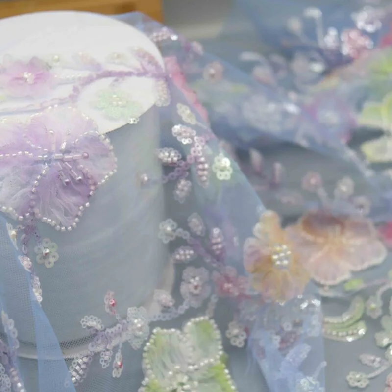Pastel Floral Beaded Tulle Fabric YT-25004 — detail 4
