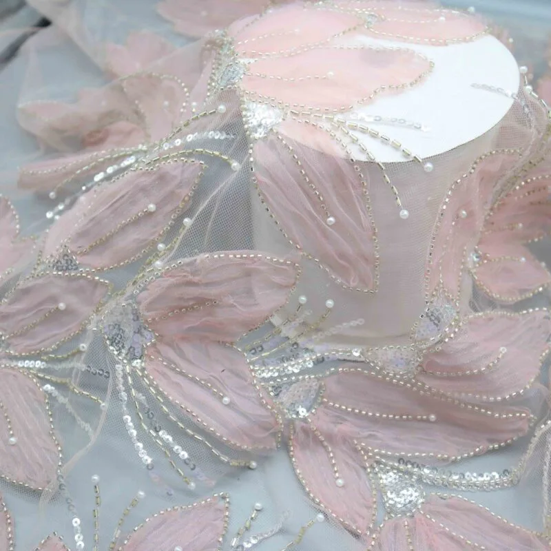 Pink Petal Beaded Mesh Fabric YT-25001 — detail 5
