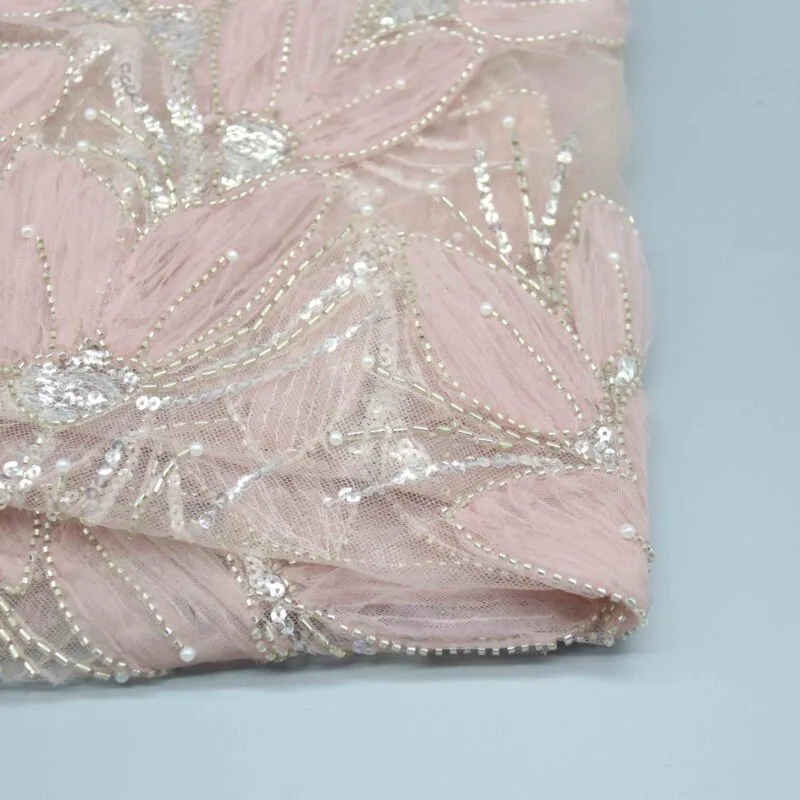 Pink Petal Beaded Mesh Fabric YT-25001 — detail 3