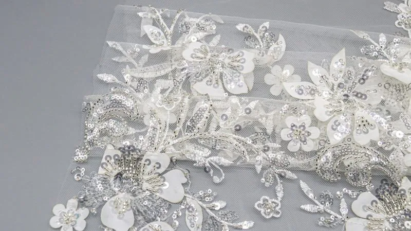 White Leaf Sequin Mesh Lace Fabric 10222 — detail 2