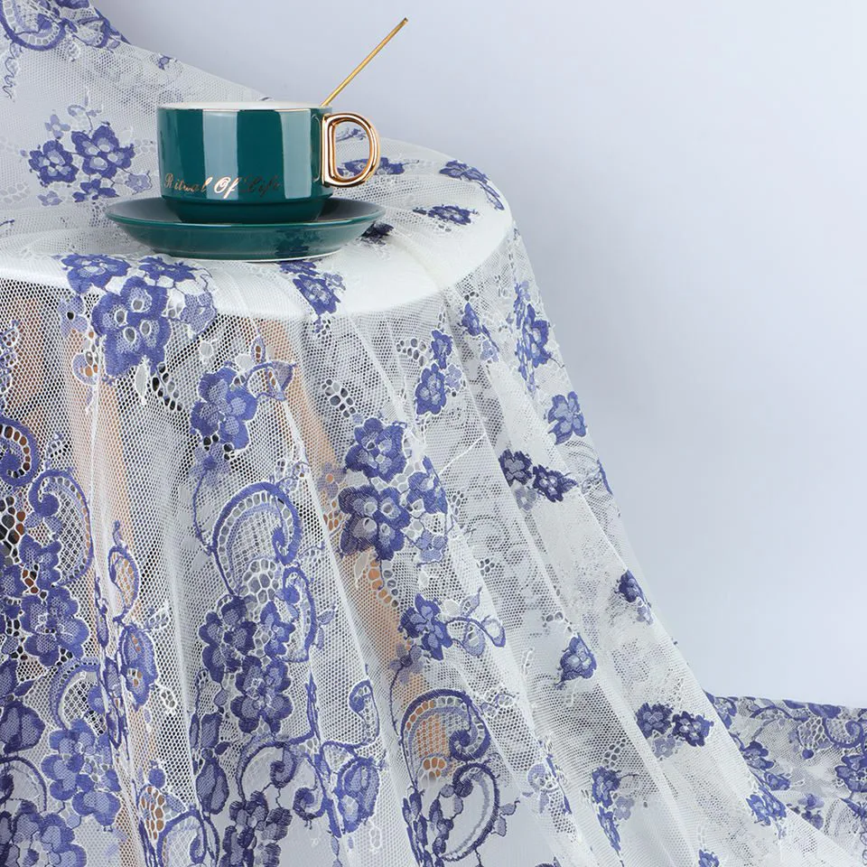 Blue Floral Border Lace Fabric 6058