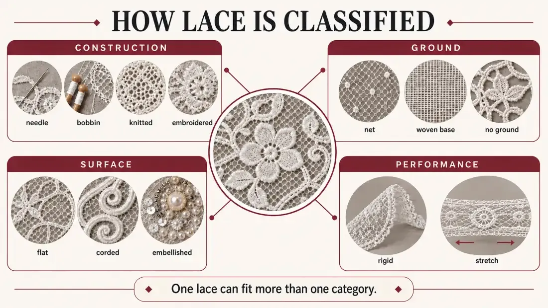Schéma classant la dentelle selon la construction, le fond, la décoration et les performances Schéma classant la dentelle selon la construction, le fond, la décoration et les performances