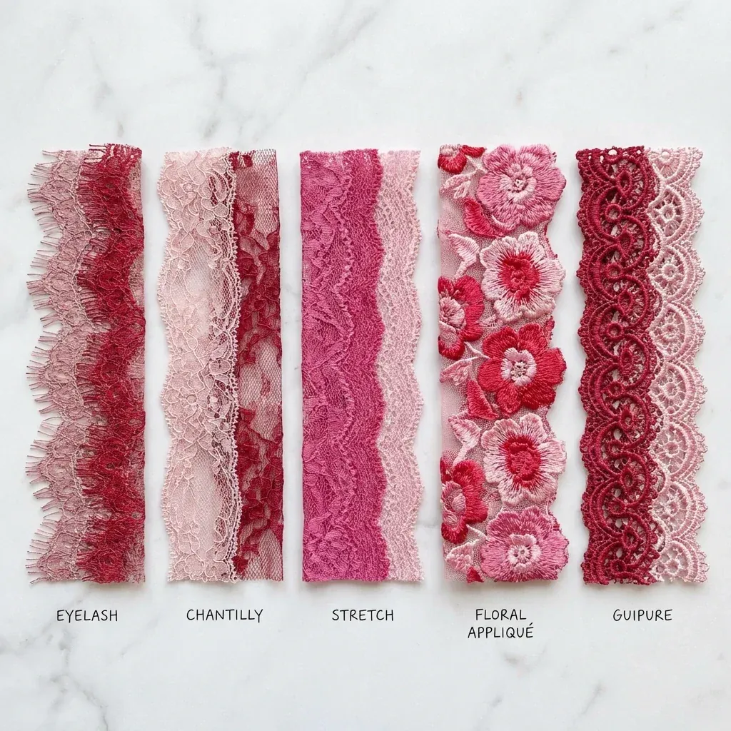 Five types of lace for Valentine lingerie eyelash, Chantilly, stretch, appliqué, and guipure Five types of lace for Valentine lingerie eyelash, Chantilly, stretch, appliqué, and guipure